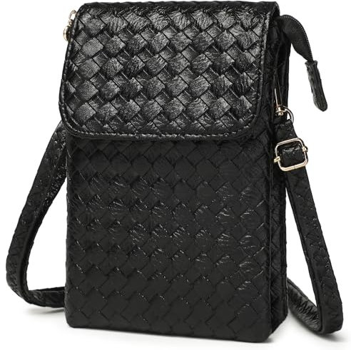 BAIGIO Damen Umhängetasche Kleine Handytasche Handy Umhängetasche Geldbörse zum Umhängen PU Leder Tasche Damen Zopf Schwarz Handytasche Verstellbarer Riemen und Schlüsselanhänger