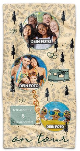 Print Royal PR Badetuch personalisiert mit Fotos und Namen - On Tour - Handtuch Bedrucken, Geschenkidee für Freunde, Camper, Camping Geschenk | Personalisiertes Fotohandtuch - 140 x 70 cm