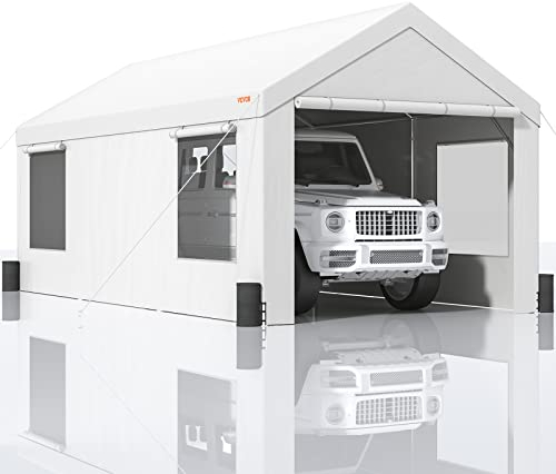 VEVOR Carport Auvent pour Voiture, Tente de Garage 3,7x6 m Abri Extérieur avec Parois Latérales Amovibles, Fenêtres, Portes Ventilées Enroulables, Bâche Imperméable pour Voiture, Camion, Bateau, Blanc
