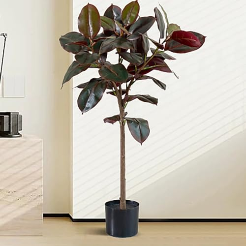Elitix Kunstbaum Künstlicher Gummibaum für Zuhause mit Immergrünen Blättern, Realistischer Gummibaum Im Topf für Schlafzimmer, Hochzeitsfeier, Eingangsbereich, Dekorationsgummibaum(Red,S)