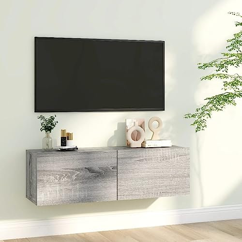 OHOOWOO Libreria Grigio Sonoma 100x30x30 cm in Legno Ingegnerizzato,Mensola TV da parete sospesa con ante a ribalta Design moderno per soggiorno Grigio sonoma