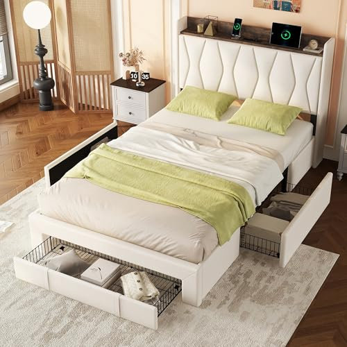 Ymkua Polsterbett Doppelbett 140x200 cm mit 3 Schubladen, Bett mit Stauraum, Stauraumbett mit Lattenrost aus Holz, Jugendbett Bettgestell mit Kopfteil mit USB-Port, Beige, Linen, Ohne Matratze