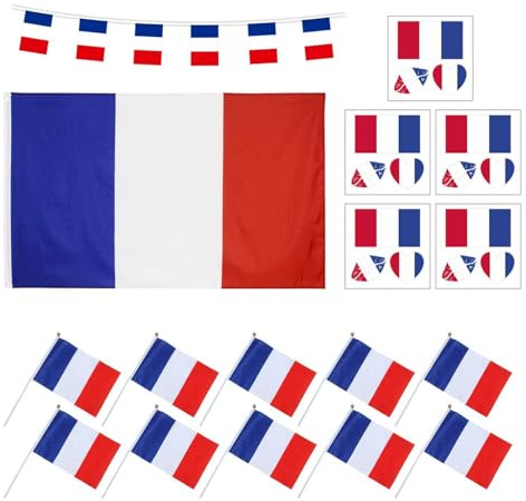 10 Stück Französische Handschwenkende Flaggen, 1 Stück Französische Flagge, 1 Stück Französische Fadenflagge, 5 Stück Französisches Tattoo-Aufkleber-Set, Wasserfester Tattoo-Aufkleber