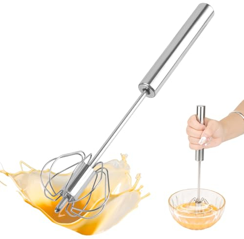 Schneebesen Edelstahl, Halbautomatischer Schneebesen Kleiner, Quirl Küche, Drehbarer Push Mixer Rührer zum Schneebesen, Schlagen, Rühren (10in)
