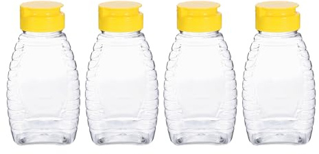 sourcing map 4 botellas de plástico para miel de 180 ml, dispensador de miel a prueba de fugas, recipientes de miel recargables con tapa abatible para almacenar y dispensar jarabe de salsa