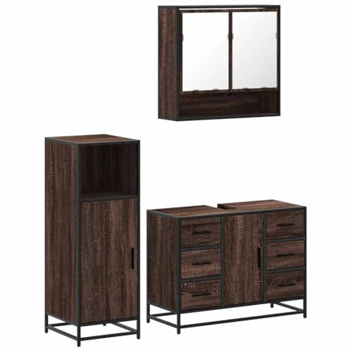vidaXL 3-TLG. Badmöbel-Set Braun Eichen-Optik Holzwerkstoff, Badmöbelset, Badezimmerschrank, Unterschrank Bad, Badmöbel, Unterschrank Badezimmer