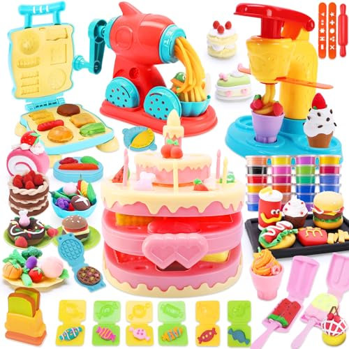VBACALA Set Plastilina per Bambini 4 in 1-73 Pezzi,Kit Creativo con Accessori per Modellare Gelatiera, Hamburger, Torta e 24 Lattine di Argilla, Feste e Compleanni per Bambini 3+ Anni
