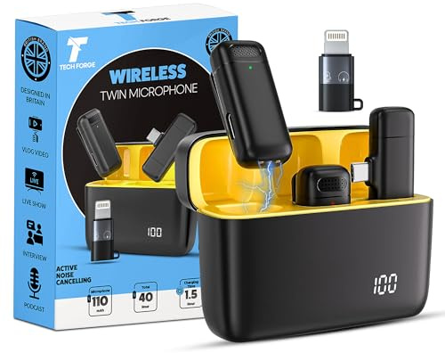 Tech forge Juego de 2 micrófonos Lavalier inalámbricos con funda de carga, micrófono inalámbrico USB-C y Lightning compatible con teléfonos y tabletas iPhone, iPad, Android, micrófono de clip con