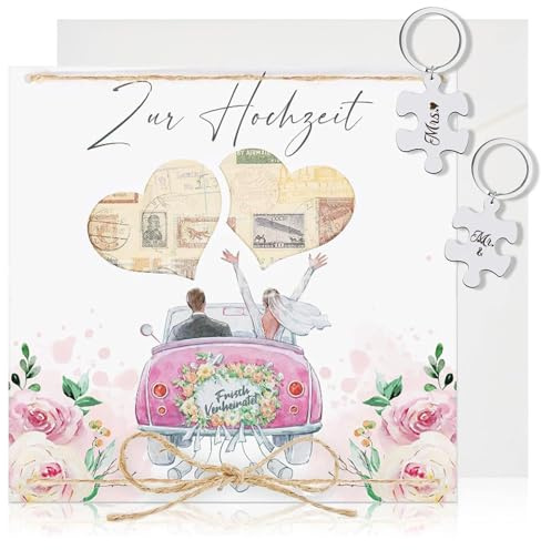 Geldgeschenk Hochzeit Verpackung mit Umschlägen,Hochzeitskarte Geldgeschenk Hochzeitsgeschenke für Brautpaar,Personalisierte Hochzeitskarte Geldgeschenk Glückwunschkarte mit Mr & Mrs Schlüsselanhänger
