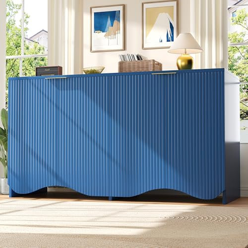MOBETTRES Sideboard(140×40×85cm), buffetschrank, cabinets, Esszimmer Wohnzimmer Aufbewahrungsschränke, Gemusterte Schränke, Freistehende Schränke, Küchenmöbel,Wellenmuster-Design (Blau)
