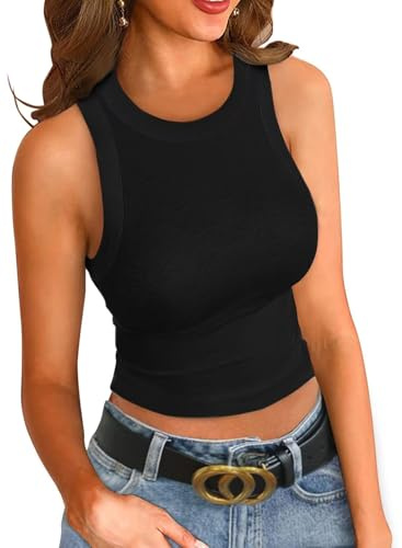 VICHYIE Camiseta de tirantes para mujer de verano, color liso, sin mangas, cuello alto, corte ajustado, básica, acanalada, Negro , M