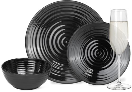 Set di stoviglie da campeggio in melamina, per 4 persone, colore: nero scuro + 4 bicchieri da champgner