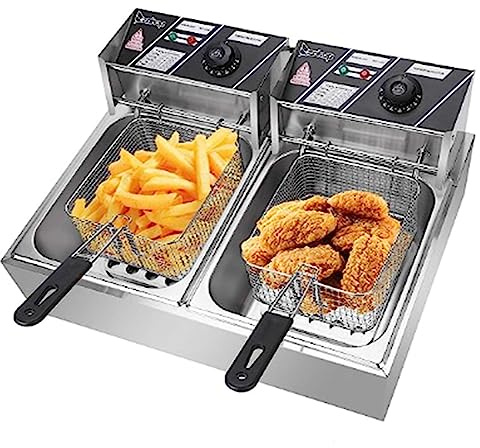SFNIOKFG Stainless Steel Dual Tank Electric Deep Fryer Commercial Deep Fryer, 2 Baskets Capacity 10L X 2 Electric Countertop Fryer for Restaurant and Home Use