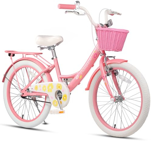 Glerc Maggie 20 tums flickcykel för 7-8 9 10 11 12 13 år gamla flickor, barncykel med bagagehållare och frontkorg och sidostativ, rosa till vit