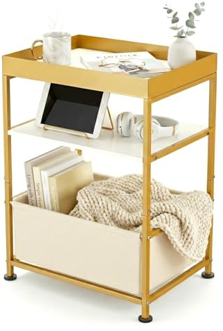 ZEXVIDA Gold & White Bedside Table with Fabric Drawer, Modern 3 Tier Narrow Side Table with Tray Top & Storage Shelf, Slim Glam Nightstand for Bedroom, Nursery, Dressing Room, Uni Halls, Metal Frame