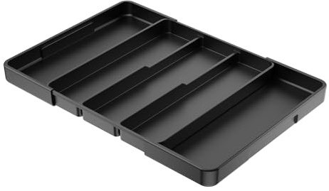 Kitsure Erweiterbarer Besteckkasten für Schubladen – Großer Besteck Schubladeneinsatz mit 5 Fächern, Wohnungs Zubehör für Küche und Ordnung, Schwarz, 35,6 x 3,6 x 29~51,5 cm