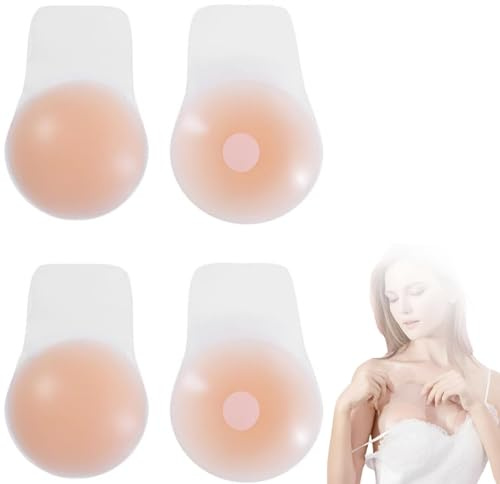 2 Pairs Sticky Bra Invisible Silicone Lifting Cups Bra Pasties Women Nipple Covers Backless Strapless Push Up Bras for Deep V Wedding Party Reusable Cup Breast Stick On for Clothing Beige