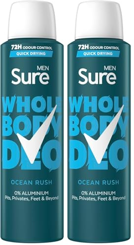 Sure Men Ocean Rush Whole Body Deodorant Men's Deodorant Spray with a herbal & woody fragrance for 72 hour odour control 150 ml (Pack of 2)