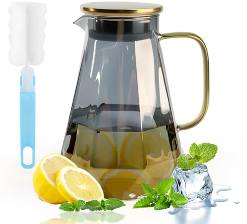 2L Borosilicate Glass Water Pitcher with Gold Stainless Steel Lid & Handle, Diamond Textured Design Water Glass Carafe, Hot & Cold Beverage Jug for Juice, Milk, Coffee, Tea (Grey)