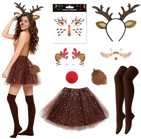 SPERMUOY Costume de cerf pour femme, 8 pièces, costume de renne pour femme, serre-tête et jupe en tulle, chaussettes de tatouages temporaires, costume de Noël pour carnaval, Noël, fête à thème