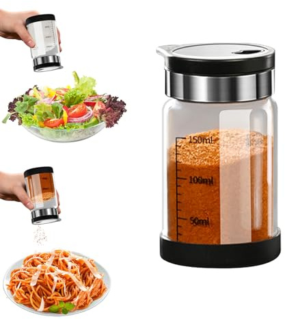 Saliera e pepiera in vetro con coperchio in acciaio inox, rotazione a 360° e 4 modalità di versamento, saliera per spezie per cucina