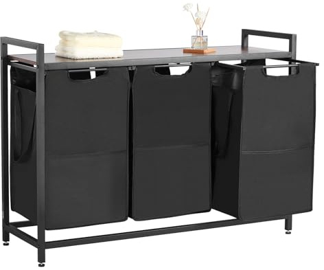 VEVOR Panier à Linge 3 Compartiments, Trieur de Linge avec Sacs Coulissants en Tissu Oxford 600D, Cadre en Métal et Plateau en Bois, pour Vêtements Sales, Buanderie Blanchisserie Chambre Salle de Bain
