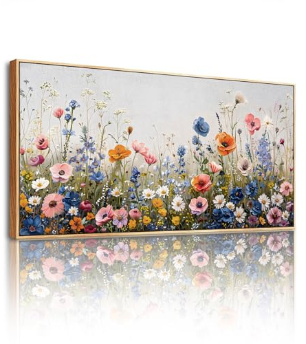 SERIMINO Natürliche Wandbild mit Rahmen Bunte Wildblume Bilder 60x120 cm | Blumenwanddeko, Feiner Druck, Massivholzrahmen, Viele Größen, Montagezubehör, Vielseitig Einsetzbar, Schönes Geschenk