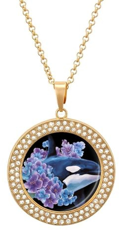Killer Whale Pansy Purple Flowers Women's Necklaces Round Alloy Pendant Necklace Minimalist Jewelry Gift