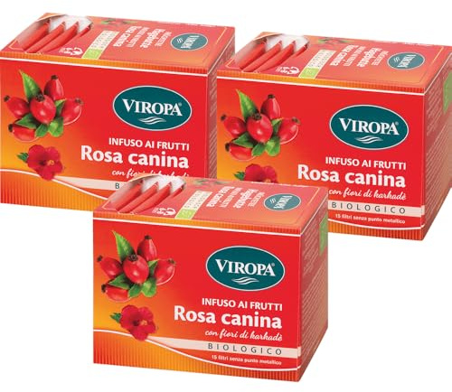 VIROPA Rosa Canina BIO – Tisana Biologica Ricca di Vitamina C – 3 Confezioni da 15 Filtri – Infuso Naturale, Fruttato e Senza Caffeina – Prodotto in Alto Adige – Gluten Free