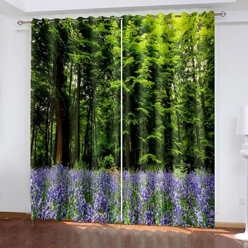 Wycian Fertiggardinen Vorhang Grün Lila 2 Er Polyester Bäume und Lavendel H229 X B107Cm für Schlafzimmer