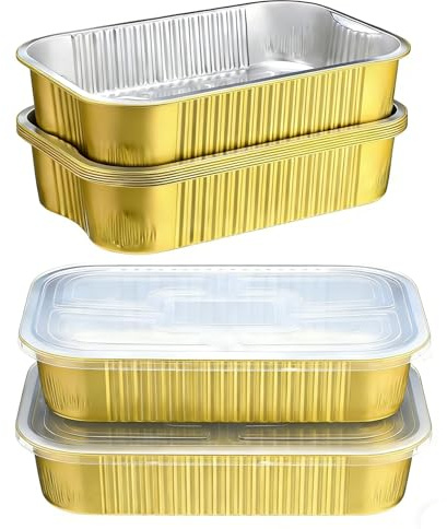 13x 8.8Gold Aluminum Foil Pans with Chear Lids & Handles(10 Pack) Heavy Duty Aluminum Pans, Disposable Foil Pans Containers for Cooking, Baking, Reheating, Freezer, Oven, Food Storage, 118oz