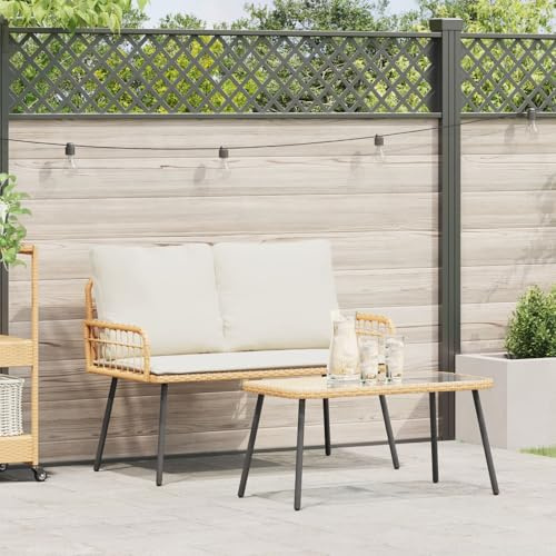 SKTQYQO 2-teiliges Gartenmöbel-Set mit Kissen aus natürlichem Polyrattan, beige, rechteckiger Tisch und Bank für den Außenbereich, wetterfest und gepolstert für Komfort