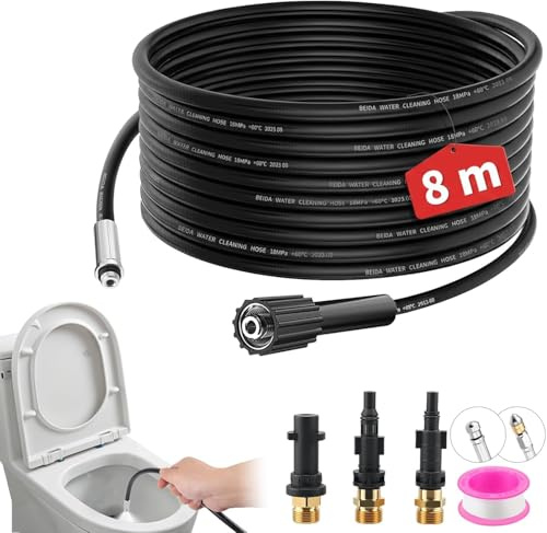 8m Rohrreinigungsschlauch Set,Druckluftschlauch mit 3 Adaptern,2 Düsen und Teflonband,5800PSI/400Bar Hochdruckschlauch für Kärcher K2-K7,Lavor,Bosch,Parkside Hochdruckreiniger für den Hausgebrauch