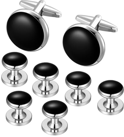 Dannyshi Mens Cufflinks and Tuxedo Shirt Studs Set with Gift Box Cuff Links Tuxedo Studs Business Wedding Groomsman Gifts (Silver/black)