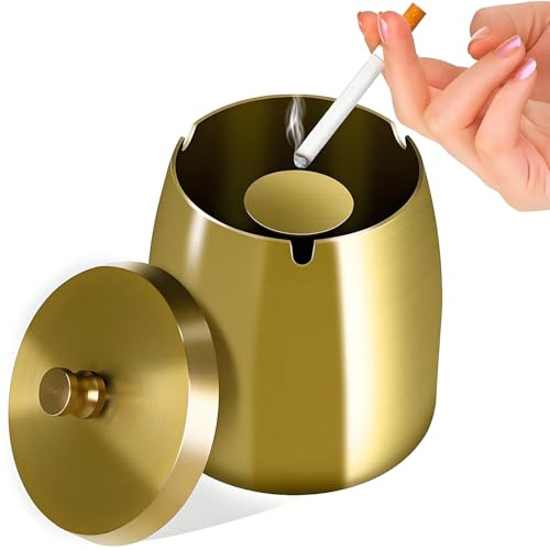 Aschenbecher Outdoor mit Deckel, Groß Aschenbecher für Draußen, Windaschenbecher Edelstahl, Sturmaschenbecher mit Boden für Outdoor und Indoor, Gold