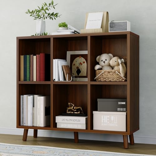 Garvee Bücherregal Standregal im Mid-Century mit 6 Ebenen Offenes Regal | mit Anti-Kipp-Füßen und Holzbeinen in Rotsequoia für Wohnzimmer Schlafzimmer Büro