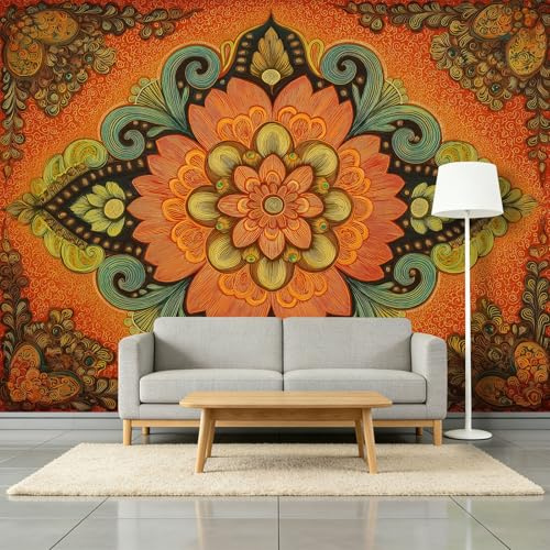 Fotomurales Tejido No Tejido 200 x 140 cm - Papel Pintado Fotográfico Boho Tradicional Flores Mandala Murales Naranja Póster para Niños Juvenil Salón Dormitorio Decoración Del Hogar