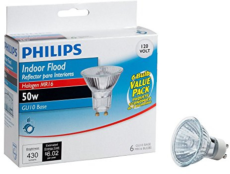 Philips 415760 50-Watt Halogen Indoor Flood MR16 GU10 Base 120-Volt Light Bulb, 6-Pack