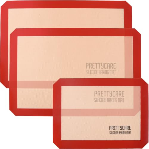 Silicone Baking Mat Set by PrettyCare (2 Half Sheet and 1 Quarter Sheet) Non Stick Cookie Baking Supplies for Bake Pans & Toaster Oven - Macaron/Pastry/Bun/Bread