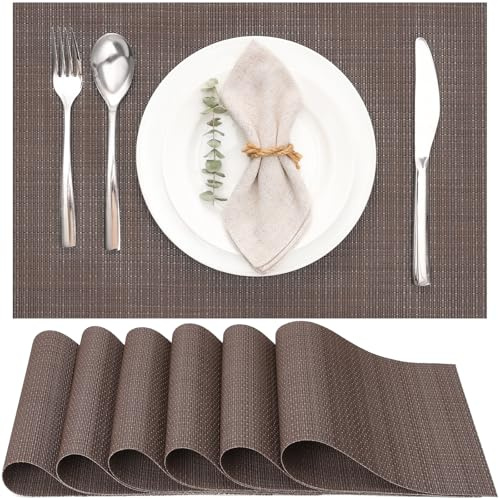 Myir JUN Tischsets abwaschbar Tischsets Platzsets abwaschbar Platzdeckchen | Gewebte Platzset 6er Set rutschfest hitzebeständig Vinyl für Küche Speisetisch Hotel Platz-Matten 30x43.5cm (Brown 2)