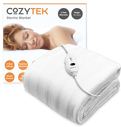 Cozytek Single Electric Blanket 135 x 65cm, Soft Polyester Electric Blanket Fitted Underblanket Mattress Cover, 3x Heat Settings, 1x Controller and Machine Washable Heated Blanket