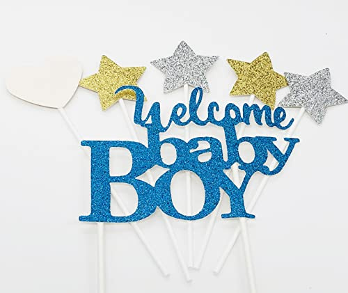 AILEXI 6 Counts Glitter Cake Decorating Toppers for gender reveal - Welcome Baby Boy set - Light Blue