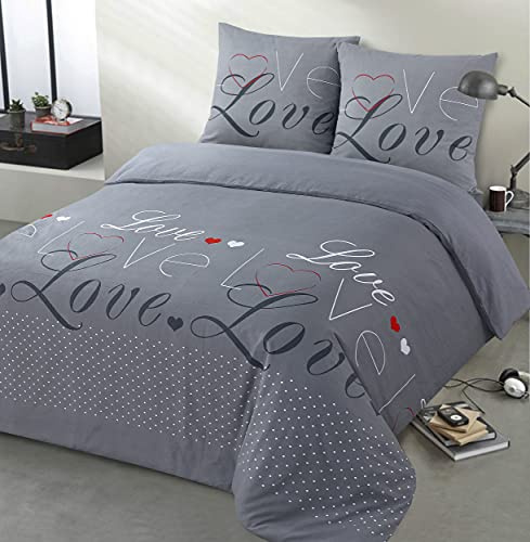 Vision - Parure de lit Flanelle - Love Gris - Housse de Couette 200 x 200cm avec 2 taies Assorties 65x65cm pour lit 2 Personnes - Flanelle: Doux et Chaude - Fibres Naturelles - Oekotex