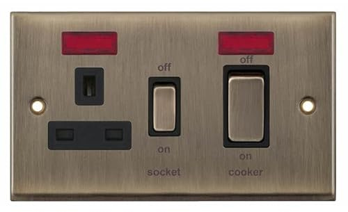 Selectric Antique Brass 45A DP Cooker Switch and 13A Switched Plug Socket with Neon and Black Insert 7M-Pro