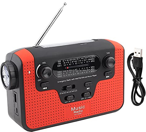 Elprico Radio Kurbel Notfall, FM/AM/SW-Solarhandkurbelradio mit Telefonladegerät für Bluetooth-Freisprechanruf, Solar-FM-Radio(rot)