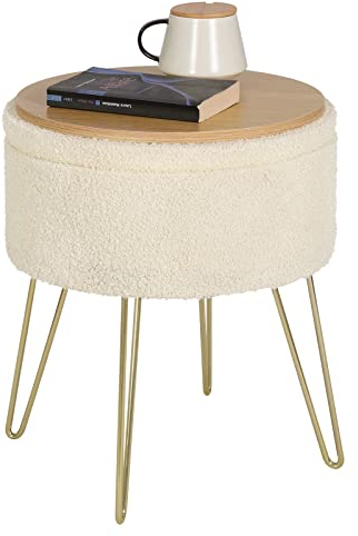 WOLTU Sitzhocker mit Stauraum Polsterhocker Samtstoff Golden Metallbeine, Kleiner Hocker Spielzeugkiste, φ39 x H44 cm,gepolsterte Fußhocker Abstellhocker, Cremeweiß