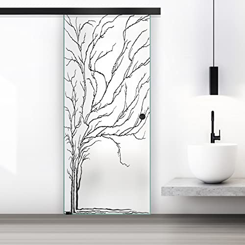 BOSS Black Porta Scorrevole in vetro modello TREE 80x215 cm (60/80/90 cm) 8 mm, vetro Satinato, Nano rivestito nero, kit hardware complete nero opaco (80x215 cm, SINISTRA)