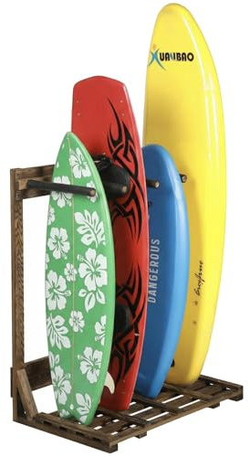 MyGift Surfboard Rack, 4-Ft Tall Rustic Burnt Wood Freestanding Vertical Surfboard Stand, Wakeboard SUP Paddleboard Storage Rack - Holds up to 4 Boards