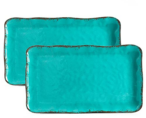 LEHAHA Vintage Melamine Serving Tray Set, Rectangular Large Serving Trays/Platters Set for Serving Food, BPA Free Food Serving Platters and Trays, Set of 2, 17.5 x 10, Teal