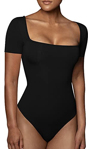 RoomTour Dam kortärmad bodysuit fyrkantig hals bodysuit thong jumpsuit elegant topp, svart, L